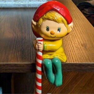 Vintage 1984 Hallmark Elf with Candy Cane Stocking Hanger Holder Shelf Sitter